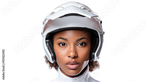 Life insurance and protection concept. Fashion portrait of a young African American woman in a white motorcycle helmet.