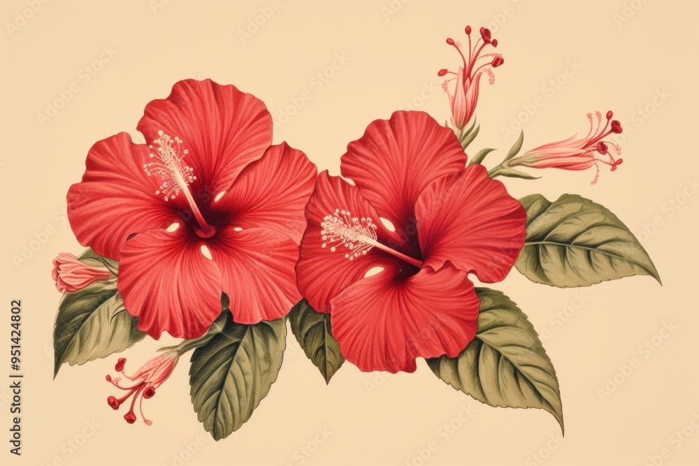 Obraz premium Vintage drawing red hibiscus flower pattern sketch.