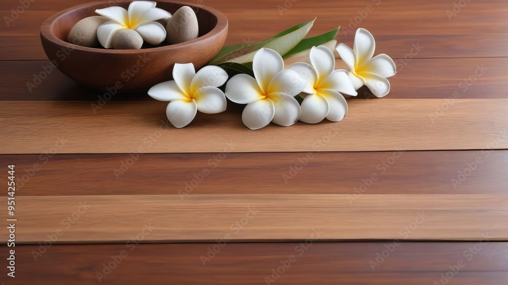 Rustic wooden floors decorated with delicate white frangipani flowers create a calm and inviting atmosphere for spa, beauty and wellness products. Rustic wooden floors decorated with delicate white frangipani flowers create a calm and inviting atmosphere for spa, beauty and wellness products.
