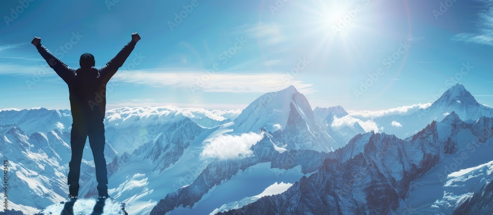 Triumphant Silhouette on a Snowy Mountain Peak Triumphant Silhouette on a Snowy Mountain Peak