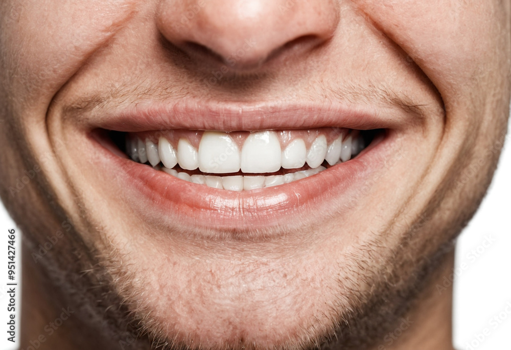 Fototapeta premium Laughter of a young adult man, age 25-35, close-up of white teeth and lips, joyful, happy, and content.