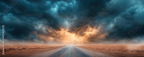 Moody Storm Clouds Rolling Over Desolate Road, Dramatic Sky, Foggy Path, Mystery Solitude, High Resolution Photography