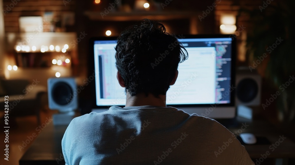 Young Man Studying on Computer in Dimly Lit Home Office Young Man Studying on Computer in Dimly Lit Home Office