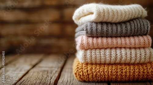 A neatly folded stack of cozy sweaters on a wooden surface, soft textures and neutral tones 