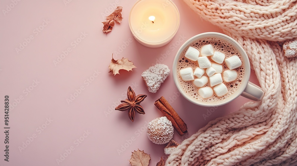 Top-view shot of a steaming cocoa mug with marshmallows, candle, spices, and knitted scarf on a pastel backdrop, Copy space.