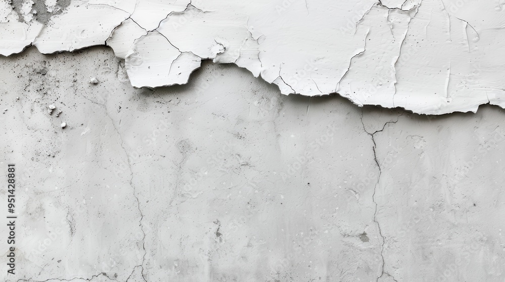 Fototapeta premium Textured concrete wall in shades of white, black, and gray, featuring intricate cracks, ideal for creating a unique and striking abstract backdrop.