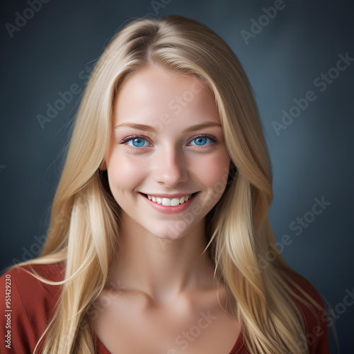 a 25 year old caucasian woman with long blonde wavy hair, blue eyes, smiling a gainst a dark background photo