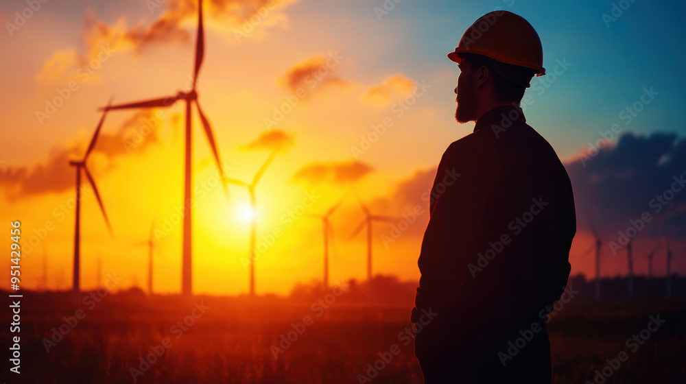 A man in a hard hat stands in front of a field of wind turbines A man in a hard hat stands in front of a field of wind turbines