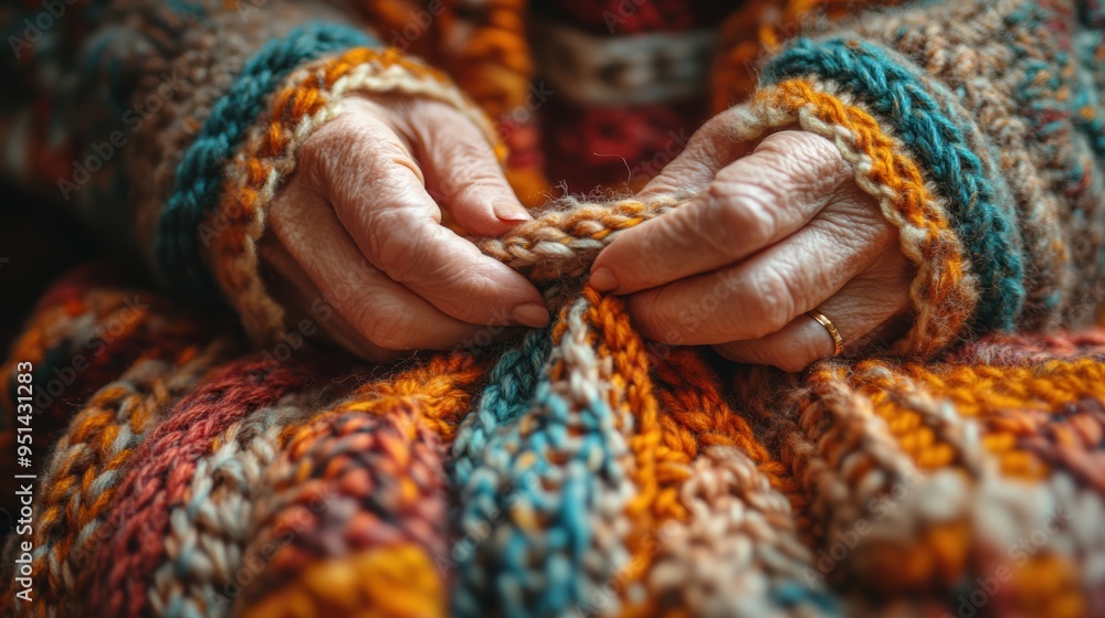 Elderly Hands Holding a Warm Colorful Knitted Blanket for Comfort Elderly Hands Holding a Warm Colorful Knitted Blanket for Comfort