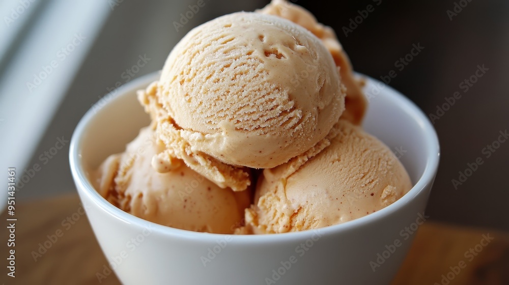 Delectable Scoops of Creamy Peach Ice Cream in a White Bowl Delectable Scoops of Creamy Peach Ice Cream in a White Bowl