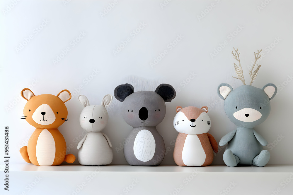 Naklejka premium Five adorable stuffed animal toys sitting on a white shelf.
