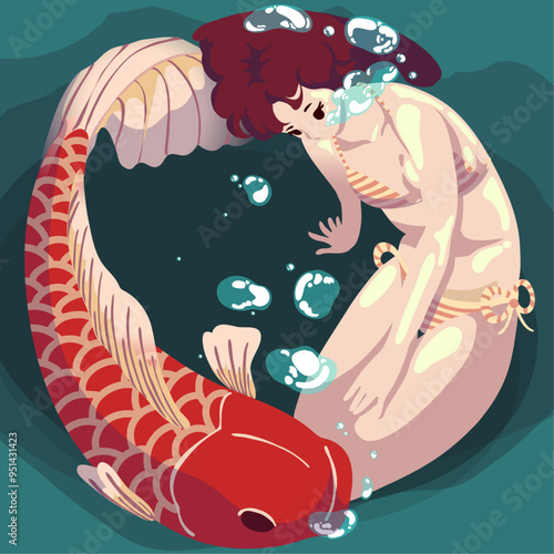 cute swimmer in a swimsuit caresses a koi fish