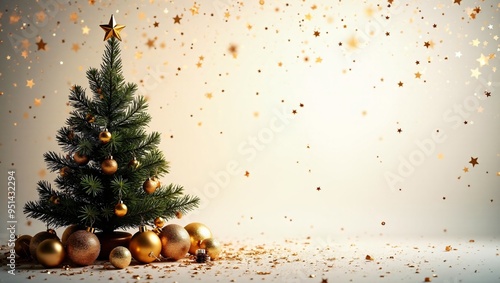 New Year’s Eve 2025 Banner, A banner design with elegant gold, beige, and white colors, featuring Christmas tree and ornaments, confetti with copy space5 photo