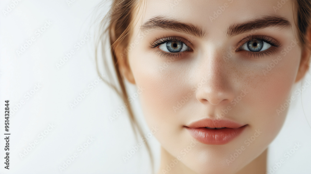 Portrait of beauty caucasian woman with fair perfect healthy glow skin facial on white background, young beautiful girl with pretty smile face care. Beauty women spa skincare banner Portrait of beauty caucasian woman with fair perfect healthy glow skin facial on white background, young beautiful girl with pretty smile face care. Beauty women spa skincare banner