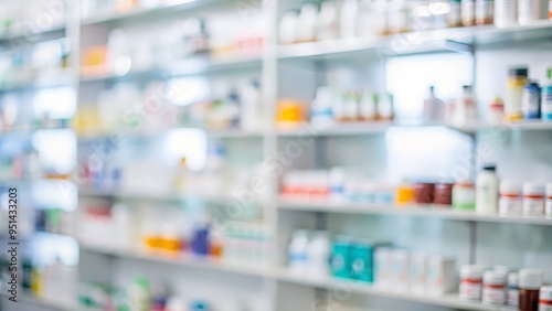 Blurred background of a pharmacy counter with medication bottles.

