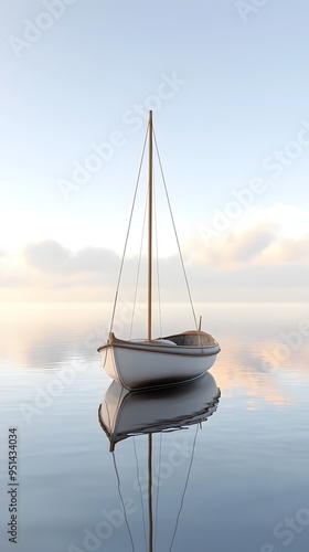 Peaceful Sailboat Drifting on Serene Lake with Reflective Waters and Wispy Clouds