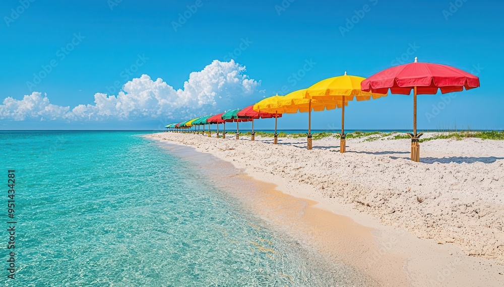 Fototapeta premium Rows of bright parasol umbrellas lined along a pristine sandy beach, the clear blue ocean stretching into the horizon under a radiant summer sky