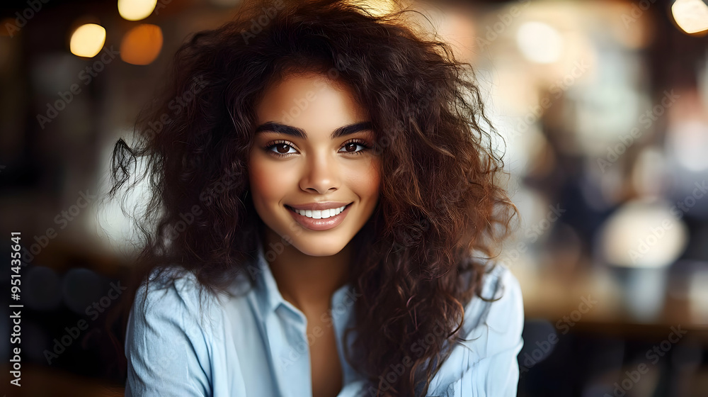 Obraz premium Beautiful Woman with Curly Hair Smiles, Expressing Happiness and Joy in a Relaxed Setting. The Warm Background Suggests a Cozy and Friendly Atmosphere, Creating a Sense of Positivity and Well-Being