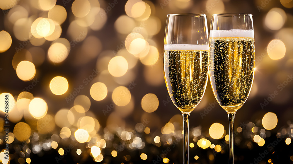 Champagne for festive cheers with gold sparkling bokeh background. Glasses of sparkling wine in front of tender bright gold bokeh. Horizontal background for celebrations and invitation cards space Champagne for festive cheers with gold sparkling bokeh background. Glasses of sparkling wine in front of tender bright gold bokeh. Horizontal background for celebrations and invitation cards space