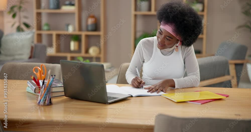 Woman, writing and music on earphones with laptop, notebook and happiness for communication in home. Black girl, technology and singing for e learning in development, education or support as student Woman, writing and music on earphones with laptop, notebook and happiness for communication in home. Black girl, technology and singing for e learning in development, education or support as student