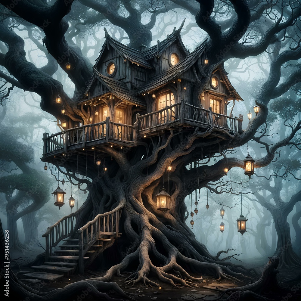 Obraz premium Dark Fantasy Treehouse Scene with Glowing Lanterns and Winding Staircase