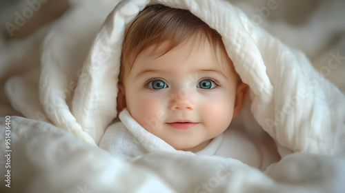 Adorable Baby Girl with Big Blue Eyes Smiles Under a White Blanket