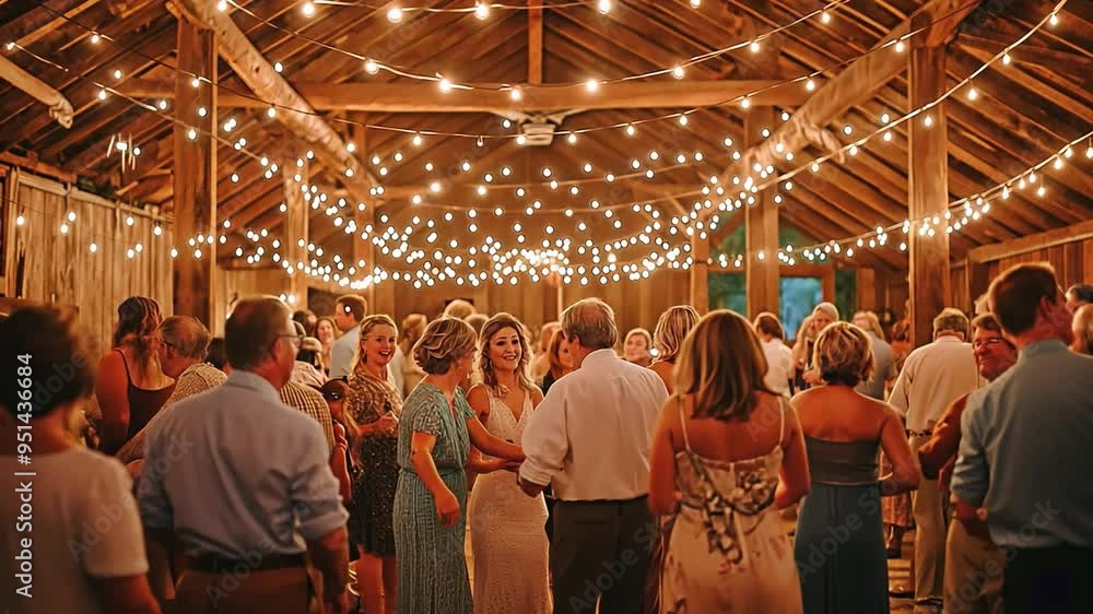 A joyful mood is created by the guests' energetic dancing in a picturesque barn decked with string lights. A joyful mood is created by the guests' energetic dancing in a picturesque barn decked with string lights.