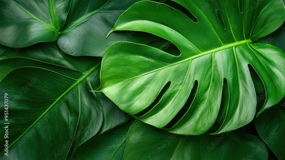 Obraz premium Vibrant Monstera Leaf close-up - Tropical Botanical Background