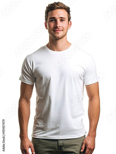 Man in White T-shirt: A young man with a friendly smile stands confidently, wearing a crisp white t-shirt, offering a versatile and clean image for various design needs.  