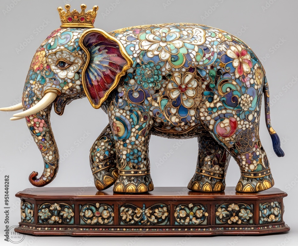 Fototapeta premium Jeweled elephant statue with crown standing on wooden pedestal