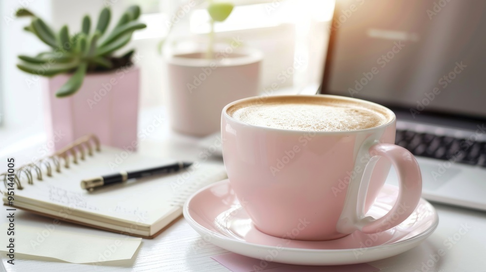 pastel pink coffee cup with a cappuccino on the desk next to an open laptop, some notes, and a small potted plant next to it pastel pink coffee cup with a cappuccino on the desk next to an open laptop, some notes, and a small potted plant next to it