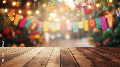 Vibrant close-up of a rainbow-striped fabric in motion blur, set against a black background with festive Mexican fiesta decorations. The scene features cinematic effects like volumetric lighting and b