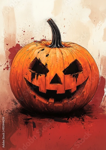 Ghoulish Grin: A chillingly detailed illustration of a blood-splattered jack-o'-lantern, its sinister smile hinting at a Halloween night of frights and thrills.   photo