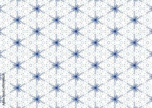 white and blue background abstract doodle art seamless pattern with snowflakes