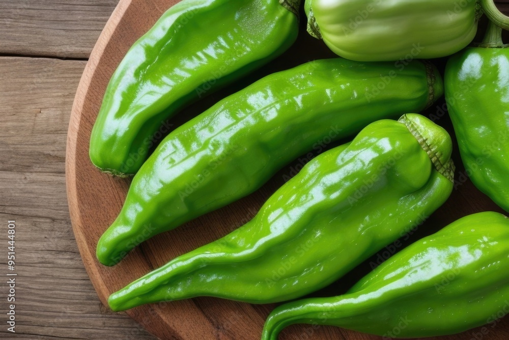 Flat-lay green chili peppers over a wooden background Flat-lay green chili peppers over a wooden background