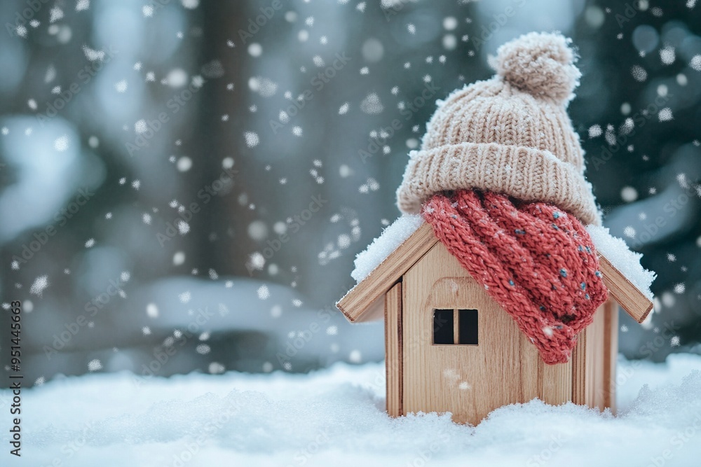 Naklejka premium A wooden toy house in the snow in winter is covered with a hat and wrapped in a scarf. The concept of keeping warm.