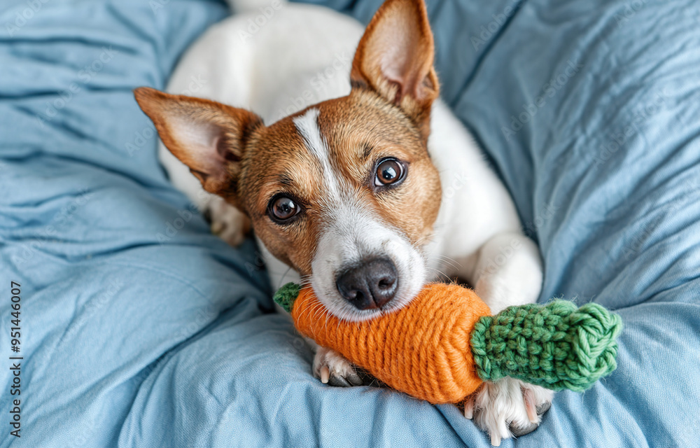 Cute dog playing with an orange toy carrot on the bed Cute dog playing with an orange toy carrot on the bed