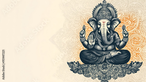 A depiction of Lord Ganesh in a meditative pose, surrounded by floral and mandala patterns. photo