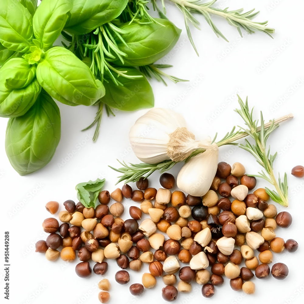 Assortment of fresh green herbs and spices including basil, rosemary, garlic, and peppercorns on a white background Assortment of fresh green herbs and spices including basil, rosemary, garlic, and peppercorns on a white background