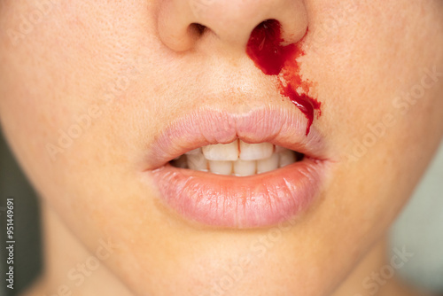 Face of a girl with a nosebleed at home, blood