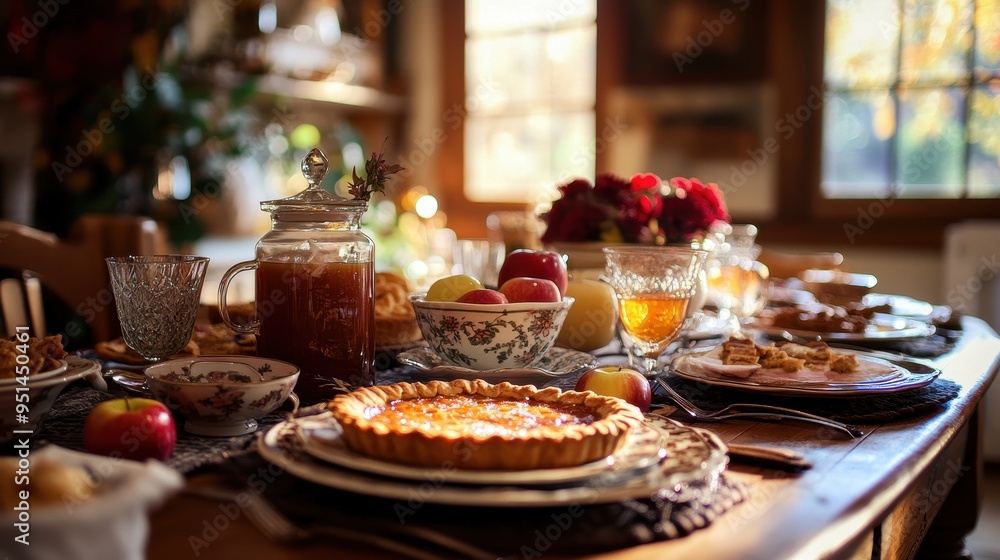 Cozy Autumn Table Setting with Homemade Desserts and Warm Drinks Cozy Autumn Table Setting with Homemade Desserts and Warm Drinks