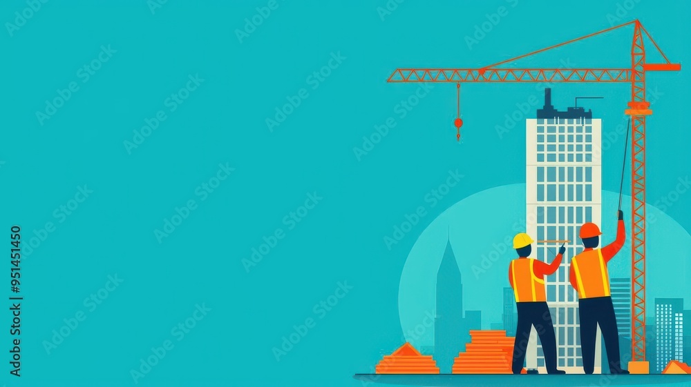 Naklejka premium onstruction workers building a skyscraper, flat vector style, urban tones