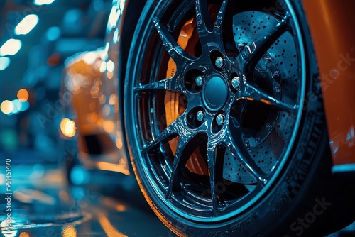 Close-up of a Black Alloy Wheel on a Car with a Perforated Brake Rotor