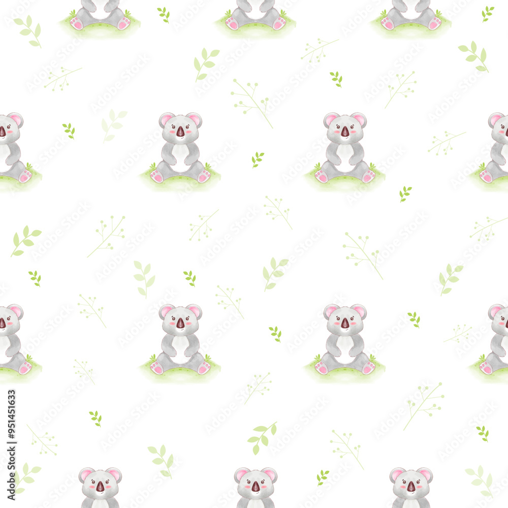 Seamless pattern of adorable koalas in various poses with floral and foliage accents on a white background. Perfect for textiles, wallpapers, and children’s products. Seamless pattern of adorable koalas in various poses with floral and foliage accents on a white background. Perfect for textiles, wallpapers, and children’s products.