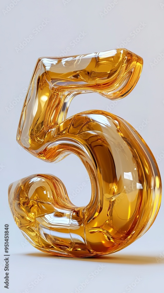 Amber Glass Number Five: A captivating image featuring the number five sculpted from shimmering amber glass, reflecting light and creating a luxurious, artistic feel.