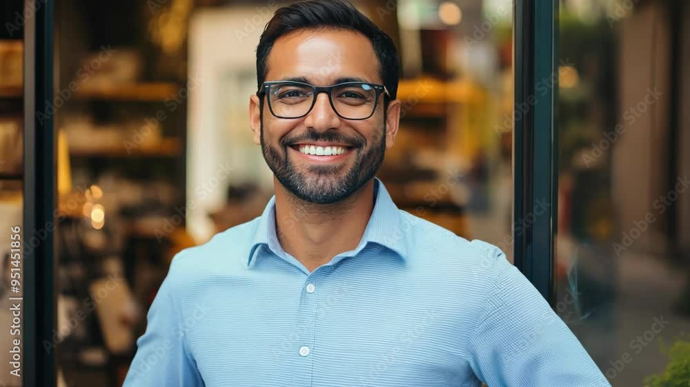 A smiling man stands confidently outside a store, showcasing his welcoming personality in a bustling urban area A smiling man stands confidently outside a store, showcasing his welcoming personality in a bustling urban area
