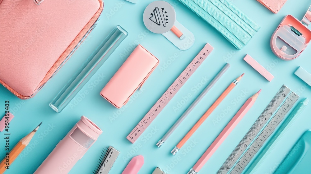 Pastel Colored School Supplies on Blue Background Pastel Colored School Supplies on Blue Background