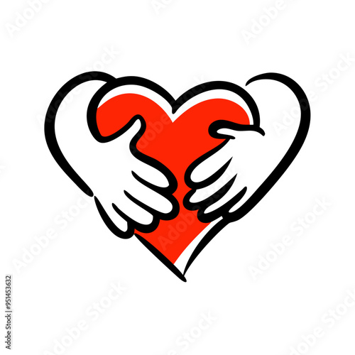 a red heart being embraced by two cartoon-style hands. The hands are white with black outlines, and they appear to be hugging the heart from either side, giving a sense of warmth and care