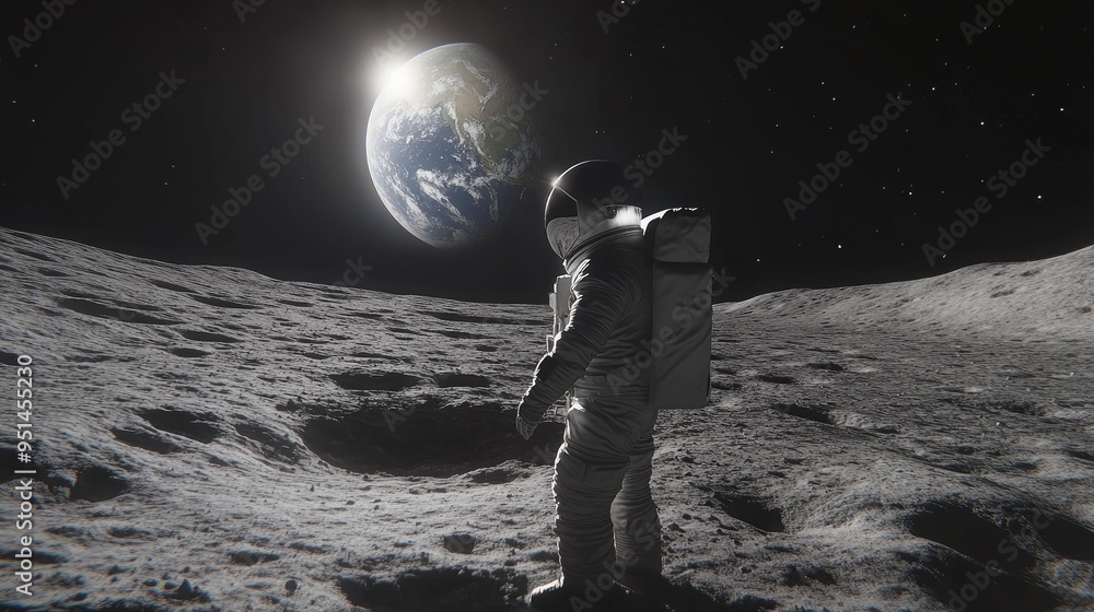 Astronaut standing on the moon's surface with Earth in the distance. Astronaut standing on the moon's surface with Earth in the distance.