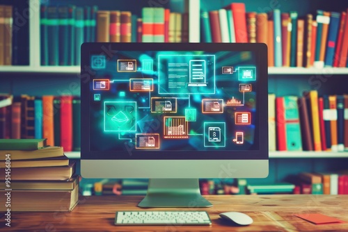 Computer Screen with Network and Data Visualization on a Desk